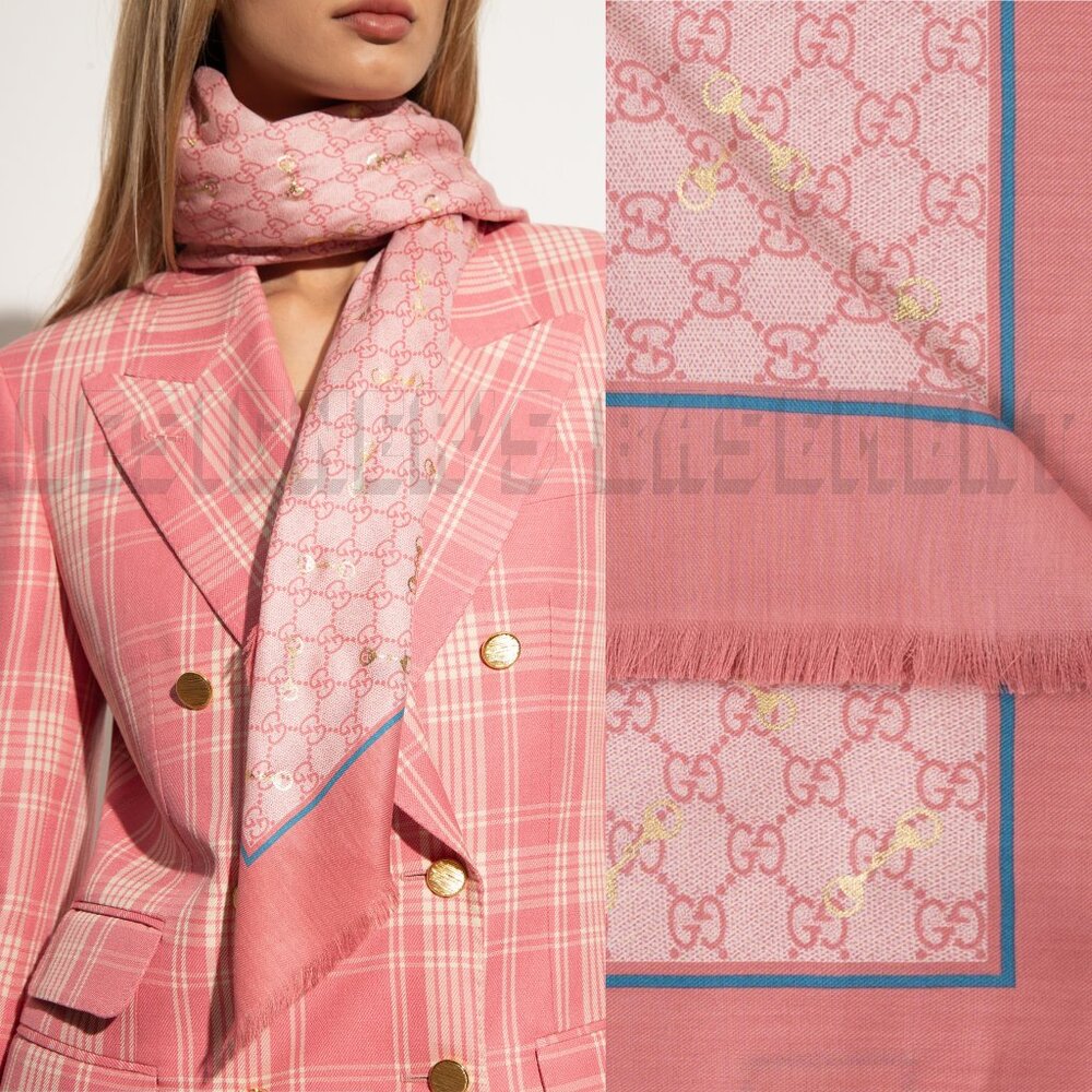 GUCCI pink GG with gold Horsebits print giant 53" - square modal/silk scarf NWT - Picture 8 of 10